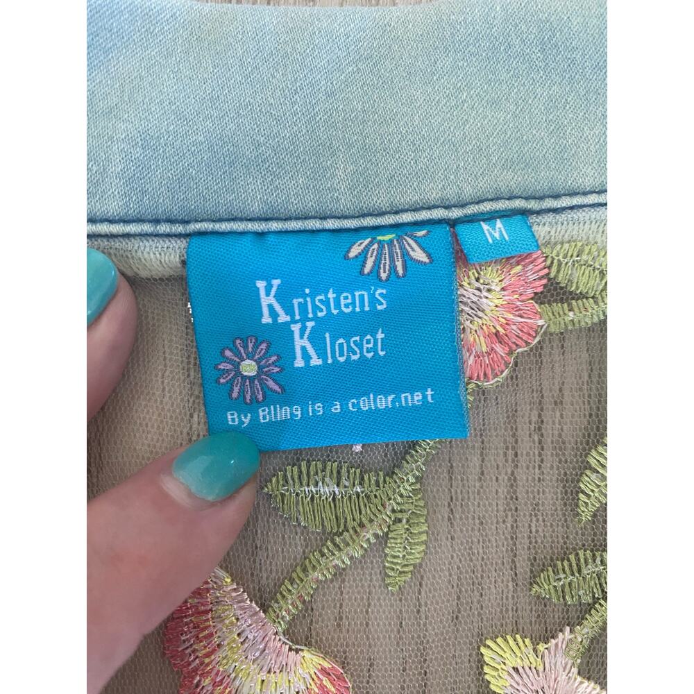 NWT Women’s Denim & Sheer Floral Embroidered Jacket Kristen’s Kloset Medium - Picture 7 of 7